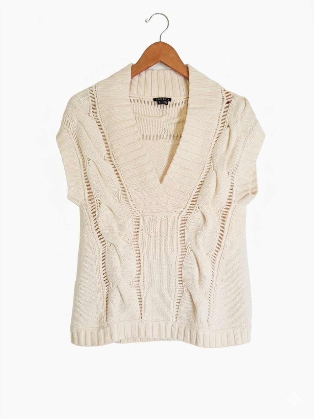 Theory Ivory Cable Knit V-Neck Sweater Vest Cap Sleeve Cream Chunky Knit Size S